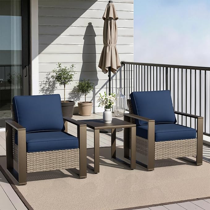Joyside Outdoor Patio Chairs, 3 Pieces Wicker Rattan Furniture Set, 2 Patio Chairs and 1 Table, Metal Wide Armrest, Thick Cushions and Deep Seating for Garden, Backyard, Porch, Deck