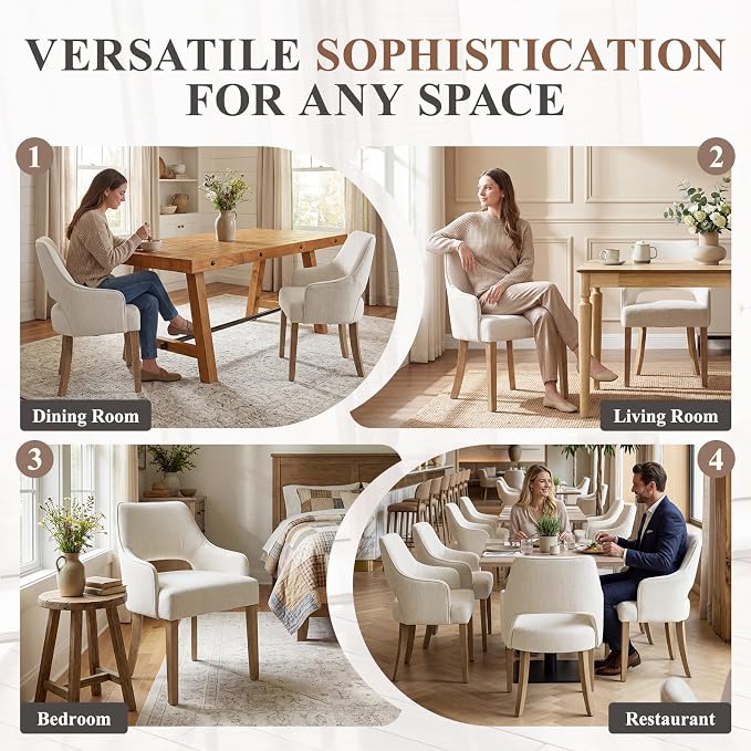Linen Upholstered Dining Chairs Set of 2 with Arms | Cream Linen Fabric, Breathable Upholstery, Curved Backrest, Cushioned Seat, Solid Wood Legs, Farmhouse Style For Dining Room