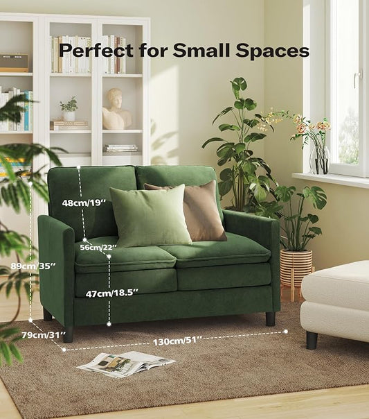 Welzona 3-Layers Cloud Loveseat Sofa, 51" Small Couch for Living Room, Bedroom - Tool-Free Assembly with Teddy Fabric Small Sofa - Green - Futon Couch - Removable Washable Covers - 650lbs Capacity