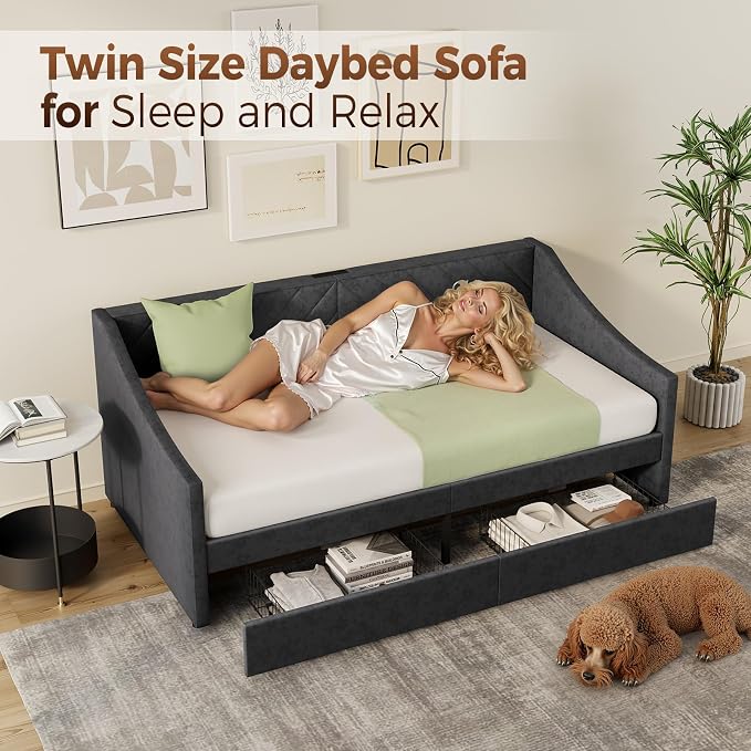 Twin Size Daybed with 2 Storage Drawers, Upholstered Daybed Frame with Charging Station, Heavy Duty Sofa Bed for Bedroom, Living Room, No Box Spring Needed,Easy Assembly