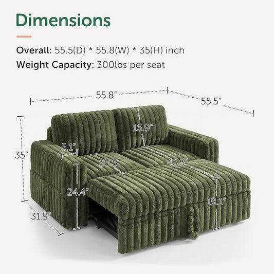 HONBAY Plush Corduroy Loveseat Sleeper Sofa,Modular Pull Out Sofa Bed,Couches for Living Room,Plush Green