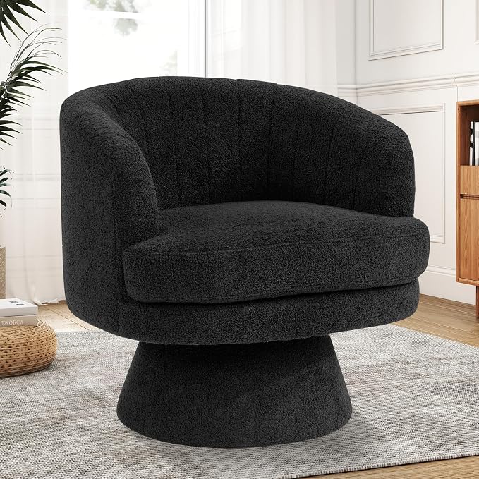 CANMOV Swivel Accent Chair with Armrest Set of 2, Modern 360 Degree Swivel Barrel Chair with Curve Back and Soft Cushion,Comfy Round Sherpa Teddy Armchair Single Sofa for Living Room, Black