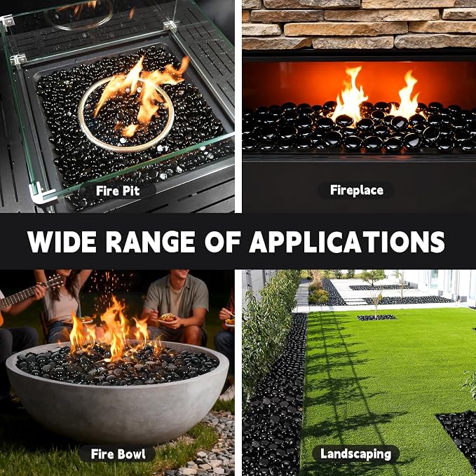 3/4 Inch Fire Glass Beads,10 Pounds Fire Pit Glass Beads High Luster for Gas Fireplace, Fire Pit Table,Landscaping (Onyx Black Luster)