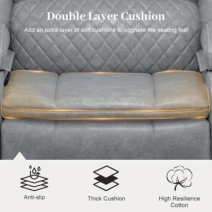 Yolsali Recliner Chairs for Adults, Oversize Manual Reclining Chair with 2-Tier Cushions, PU Leather Recliner Chair with Hidden Storage Space, Living Room Recliner Chairs with Cup Holders - PU Grey