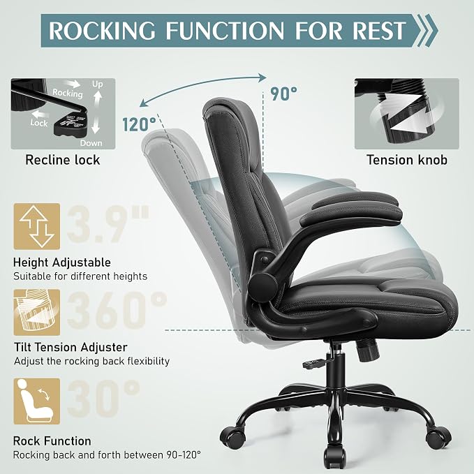 Leather Office Chair, PU Home Computer Desk Chairs with Ergonomic Back Support, 360°Swivel Free,Small Gmaing Chair with Wheels and Adjustable Armrests, for Short People Use, Black