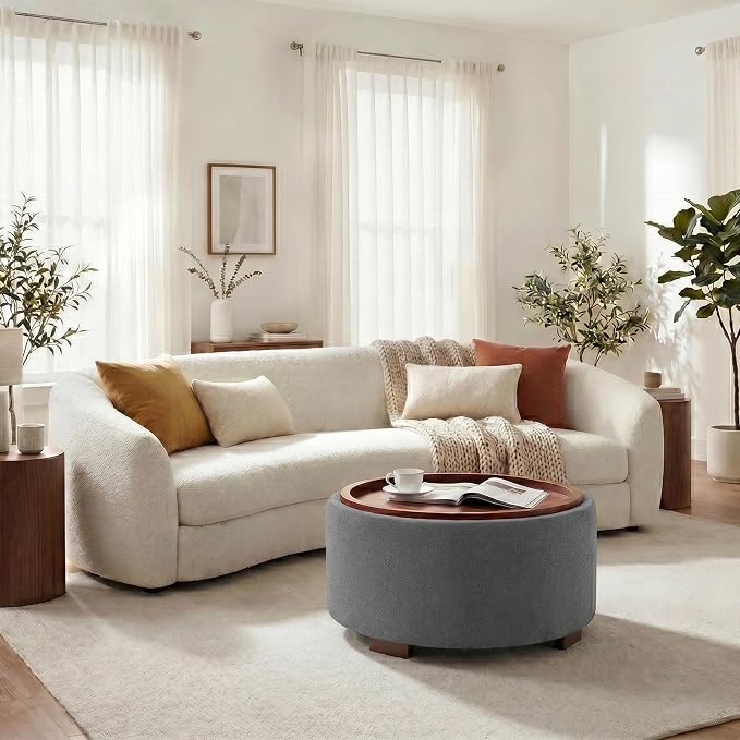 29.1 Inch Round Ottoman Coffee Table, Ottoman with Storage, Boucle Grey | Storage Ottoman with Removable Lid Top, Solid Wood Legs, Round Ottoman for Living Room, Bedroom, Apartments