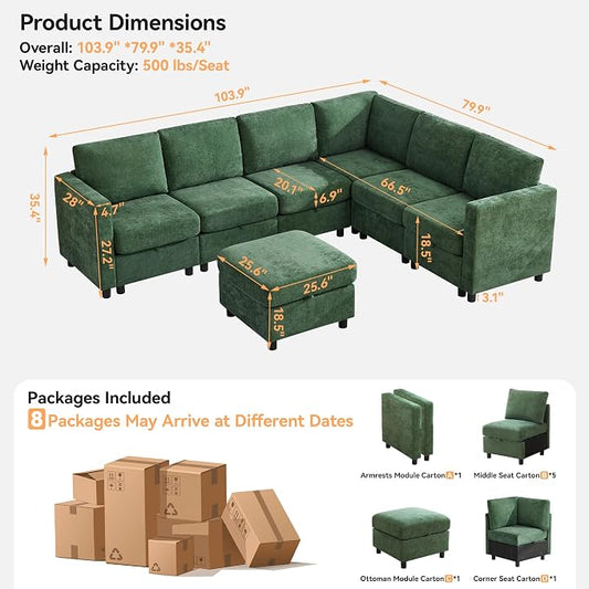 104'' V Shaped Modular Sofa, Sectional Couch with Storage for Living Room, Modern 7 Seater Cloud Sectional Couch with Movable Ottoman, Chenille Dark Green