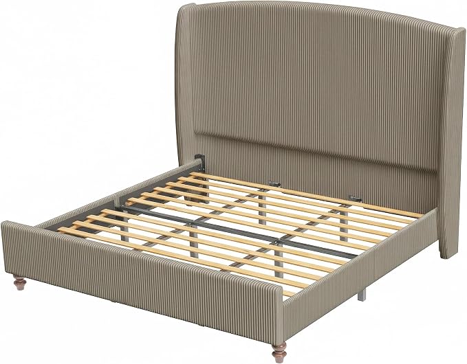 King Size Upholstered Bed Frame with 65.7" Tall Headboard Wingback, Soft Washable Corduroy Beds Cover, Solid Wood Legs, Noise-Free, No Box Spring Needed, Light Gray