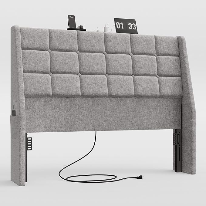Ergonomic Upholstered Full Size Headboard w/Charging Station, Linen Wingback Headboards w/Storage Pocket, Full Headboard Only, Bed Frame Adapters, Sturdy Solid Wood Bed Head Board, Light Grey