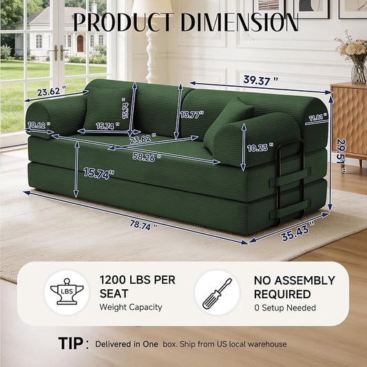 79'' Convertible Sofa Bed, 6 in 1 Folding Floor Futon Couch Sleeper with Fixed Frame, Corduroy Modular Sofa Bed with Removable Armrests & Pillows, No Assembly for Living Room Bedroom (Green)