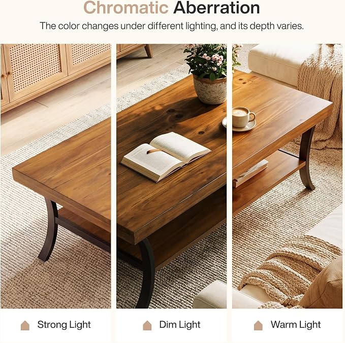 Solid Wood Coffee Table, 2-Tier Farmhouse Wood Coffee Table with Storage Shelf and Curved Metal Legs, 47" Center Table Industrial Rustic Living Room Tea Table