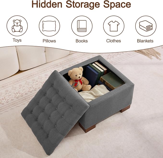 WUTUTUEE 24" Fabric Square Storage Ottoman with Wooden Tray, Modern Tufted Button Footstool Coffee Table, Upholstered Small Ottoman for Living Room, Bedroom, Dark Gray