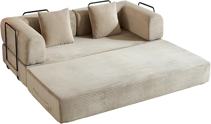 ZEIINPA Corduroy Floor Sofa Bed, Convertible Folding Couch Bed with Fixed-Shape Frame and Armrest for Living Room Bedroom Lounge Studio-Beige