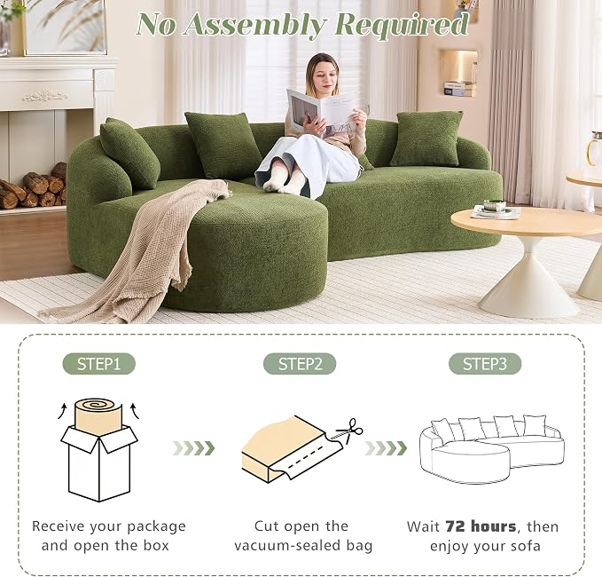99" Curved Sofa with L-Shape Chaise,Modern Cloud Curved Couch with Deep Seat,No Assembly Required,Upholstered Oversized Couches for Living Room,Apartment (Green, 99Inch)