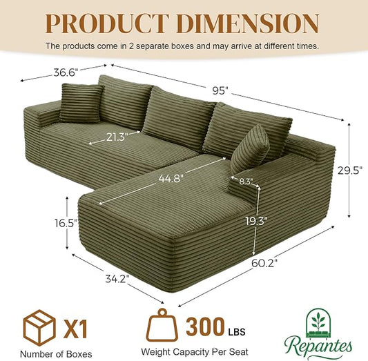 95" L Shaped Boneless Sectional Couches, Wide Armrest, Deep Seat, Memory Foam, Assembly Free, Modern Comfy Corduroy Fluffy Cloud Sofa with Right Chaise for Living Room, Small Spaces, Green