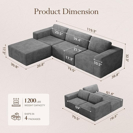 Vesgantti 119" L-Shaped Modular Sectional Sofa, Corduroy Cloud Couch with Deep Seating & Spring Support, Flexible Layout Sofa with Ottoman, Boneless Style, No Assembly Required, Grey