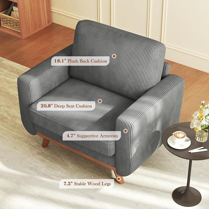 Vesgantti 38.5" Accent Chair Dark Gray, Comfy Corduroy Single Sofa Seat with Spring Cushion, Upholstered Armchair with Deep Seat, Reading Chair for Adults, Modern Sofa for Living Room, Bedroom