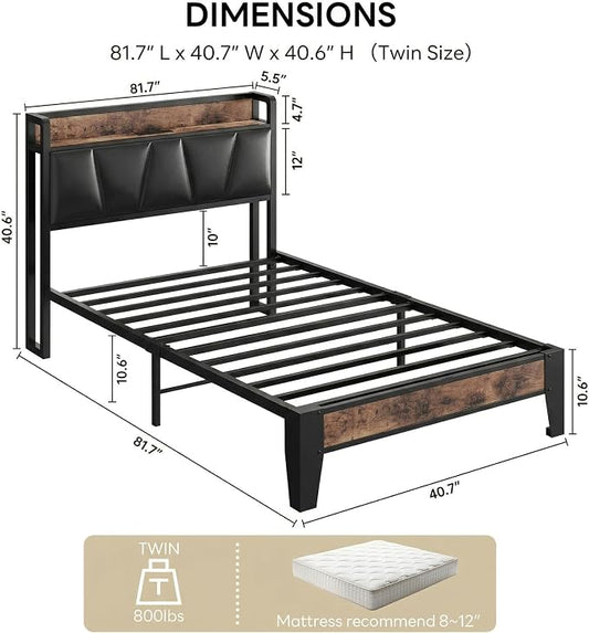 LIKIMIO Twin Bed Frame, Storage Headboard with Charging Station, Solid and Stable, Noise Free, No Box Spring Needed, Easy Assembly (Vintage and Black)