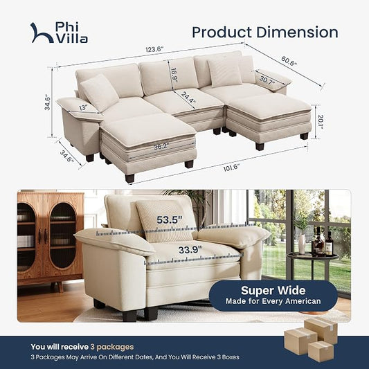PHI VILLA Cloud Modular Couch Sets, 123.6" Oversized Sectional Sofa with U-Shaped Chaise, 5-Seater Couches with 2 Movable Ottomans for Living Room, Chenille Beige
