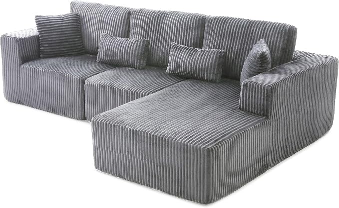 L Shaped Modular Boneless Sectional Couches for Living Room, Wide Armrest, Deep Seat, Memory Foam, Assembly Free, Modern Comfy Corduroy Fluffy Cloud Sofa with Right Chaise, Grey