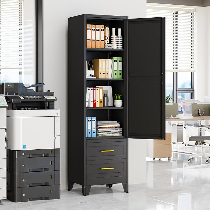 Tall Metal Narrow Storage Cabinet 67" H with 2 Drawer, Black Pantry Cabinets with 2 Adjustable Shelves and Door,Tall Bathroom Cabinet for Kitchen, Home Office, Living Room, Dining Room
