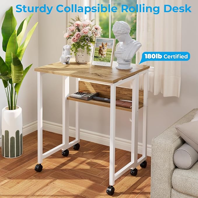 GreenForest Folding Desk with Wheels, 31.5 Inch Compact Rolling Computer Table with Storage Shelf, Portable Mobile Workstation for Small Spaces, Easy Assembly, Oak