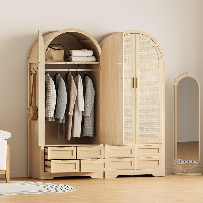 Armoire Wardrobe Closet with 4 Drawers - 2 Wood Bedroom Armoires and Wardrobes with Rattan Doors for Hanging Clothes, Clothing Cabinet Arched Closets for Cloak Room, 2 Wardrobes, Natural
