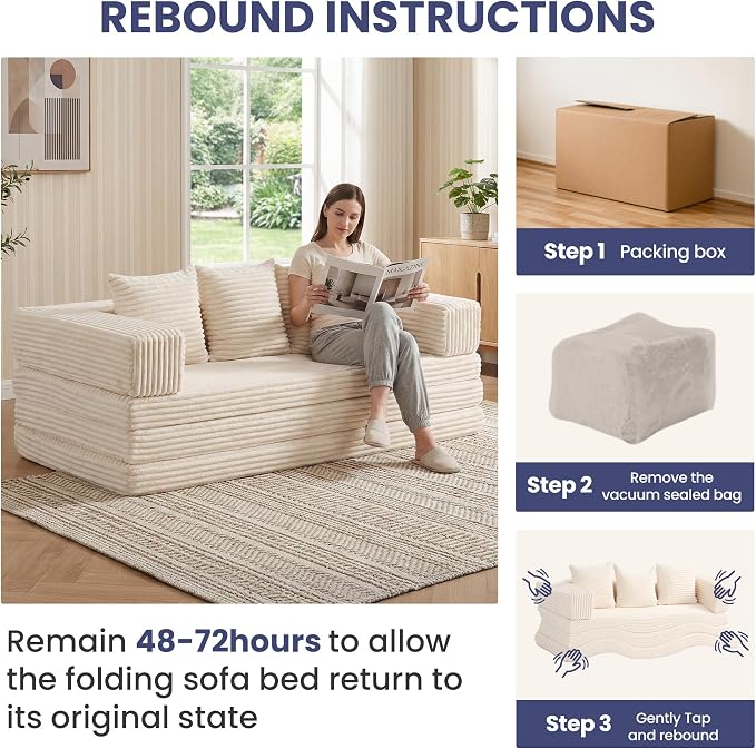 Convertible Sofa Bed Couch, 78’’ Oversized 4-in-1 Boneless Couches with Removable Armrests Backrest, Corduroy Futon Sofa Bed, Foldable Mattress Sleeper Sofa for Living Room Bedroom (Beige)
