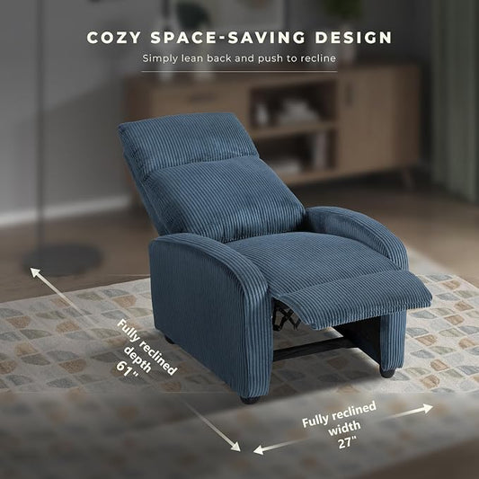 Lexicon Corduroy Pushback Recliner Chair Armchair Push Back Recliner, Solid Wood Frame and Metal Base, Easy Assembly Small Soft Single Sofa Accent Chair for Living Room/Office/Apartment, Midnight Blue