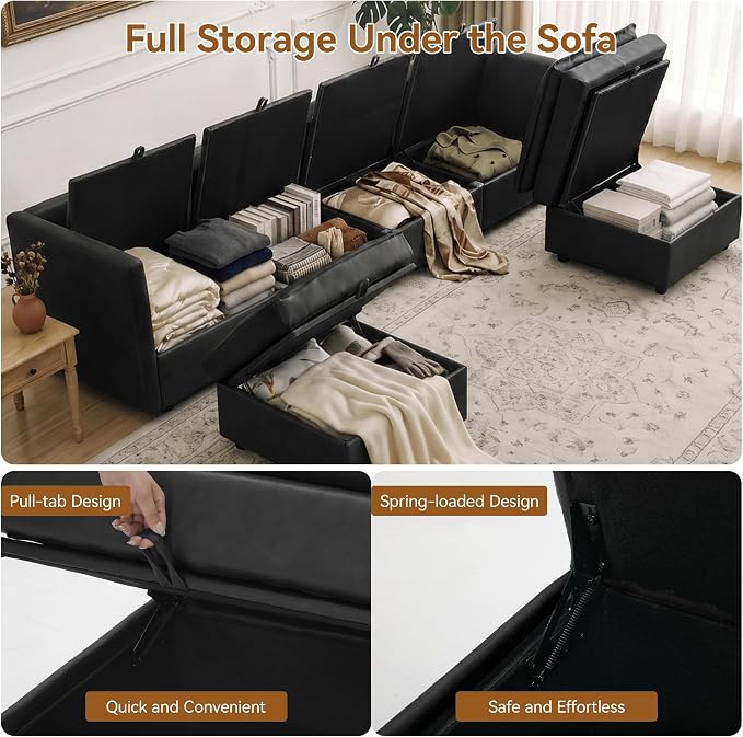 105" Black Faux Leather Storage 4 Seater Sofa with 2 Ottomans, Comfy Couch | Convertible Modular Sectional Sofa, U Shaped Oversized Couch, Upholstered Large Cloud Couch For Living Room, Apartment.