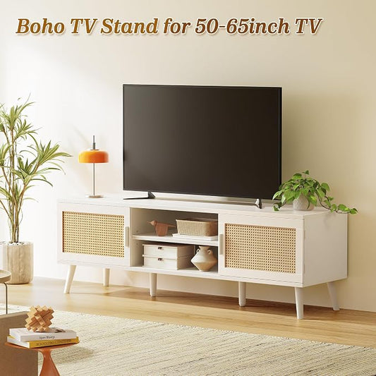SUPERJARE TV Stand for 65 Inch TV, Entertainment Center with Adjustable Shelf, Rattan TV Console with 2 Cabinets, Media Console, Solid Wood Feet, 4 Cord Holes, for Living Room, White
