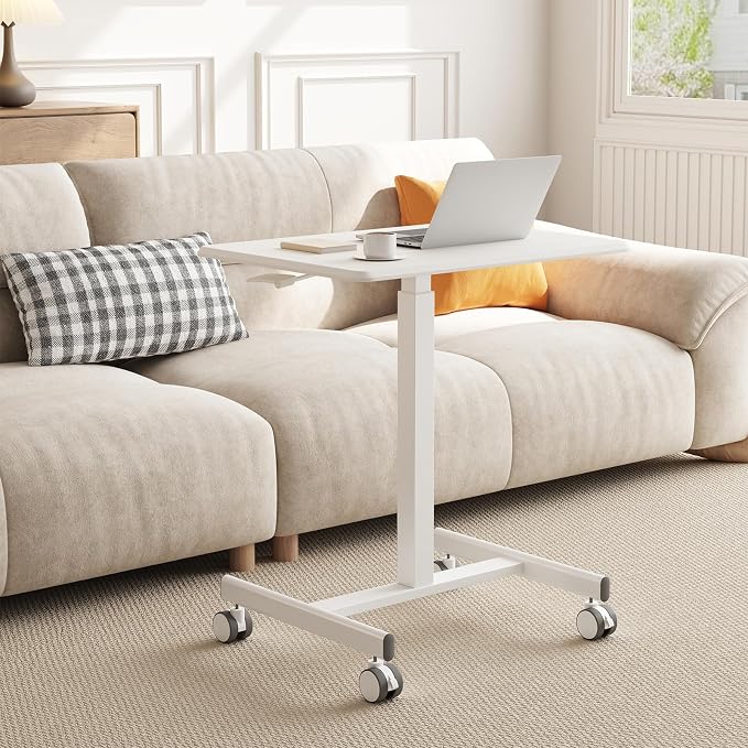 OLIXIS Mobile Rolling Desk with Wheels Small Standing Laptop Desks Portable Pneumatic Adjustable Height Sit Stand Table Computer Workstation for Home Office White