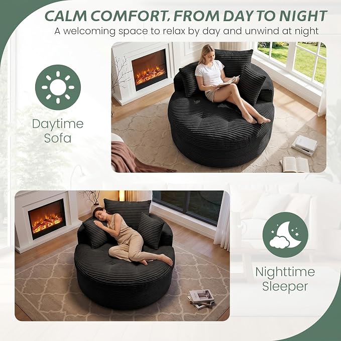 Oversized Round Chaise Lounge Chair, Deep Seat Cloud Boneless Floor Sofa Couch, Upholstered Corduroy Sleeper with 3 Pillows & Optional Ottoman, No Assembly Modern Lazy Floor Lounger for Living Room