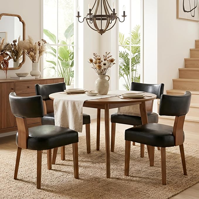 HNY Mid Century Modern Dining Chairs Set of 2, Farmhouse PU Leather Upholstered Accent Chair Curved Backrest Kitchen Chairs, with Hardwood Frame, Black
