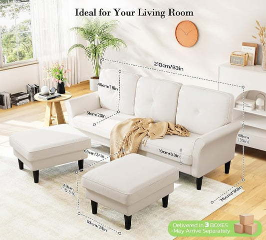 Small Sectional Couch, 83" U Shaped Couch, Comfy Velvet Couches for Living Room, Tool-Free Setup Modular Sectional Sofa, 850lbs Load Sofas for Living Room with 2 Movable Ottomans, White Couch