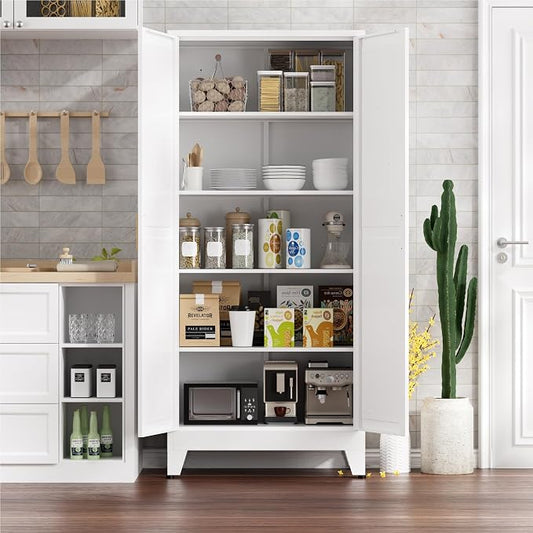 Kitchen Pantry Cabinet,71" H x 31.5" W,Metal Farmhouse Storage Cabinet with Adjustable Shelves and Barn Doors,5-Tier Storage Cabinet for Kitchen Dining Room Garage,White 1 Pack