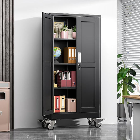 Metal Garage Storage Cabinet, 61”Tall Rolling Utility Cabinet Black | storage system with Wheels, Lock, 3 Adjustable Shelves, Heavy Duty Steel Tool Locker for Home Office, Utility Room, Gym