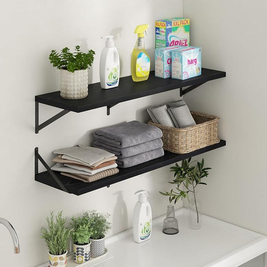 Axeman Deep Floating Shelves - 40 Inch Black Floating Shelves Set of 2-12 Inch Deep Wood Wall Shelves for Living Room Bathroom Kitchen