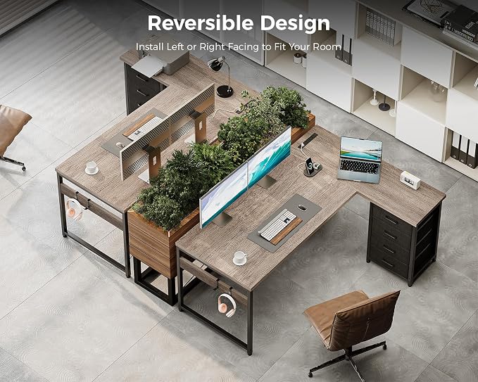 AODK L Shaped Gaming Desk with 4 Drawers, 53" Reversible Home Office Desks with Power Outlets, L Shaped Computer Desk with USB Charging Port and Host Stand, Corner Desk, Easy to Assemble, Grey