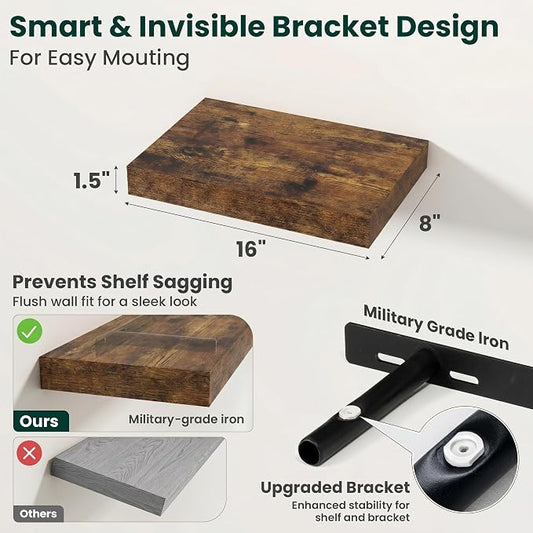 Floating Shelves for Wall, 16 Inch x 8 Inch Deep Wall Mounted Wood Shelf with Invisible Brackets for Storage & Display, Living Room Bedroom Kitchen, Rustic Brown, Set of 2