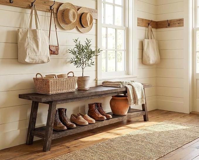 Solid Wood Entryway Bench with Shoe Storage Shelf, 62.99" Long Rustic Hallway Shoe Bench, Natural Wood Mudroom Window Seating, 400 lbs Capacity
