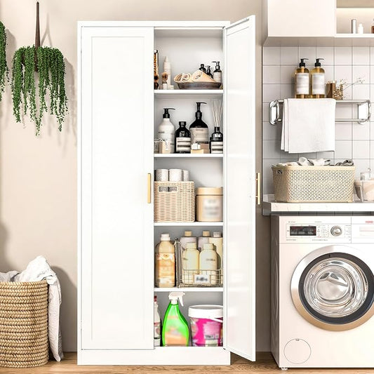 71" H Kitchen Storage Cabinet with 4 Adjustable Shelves, Metal Pantry Cabinet, Pantry Organizers and Storage Cabinet for Kitchen, Bathroom, Living Room (White)