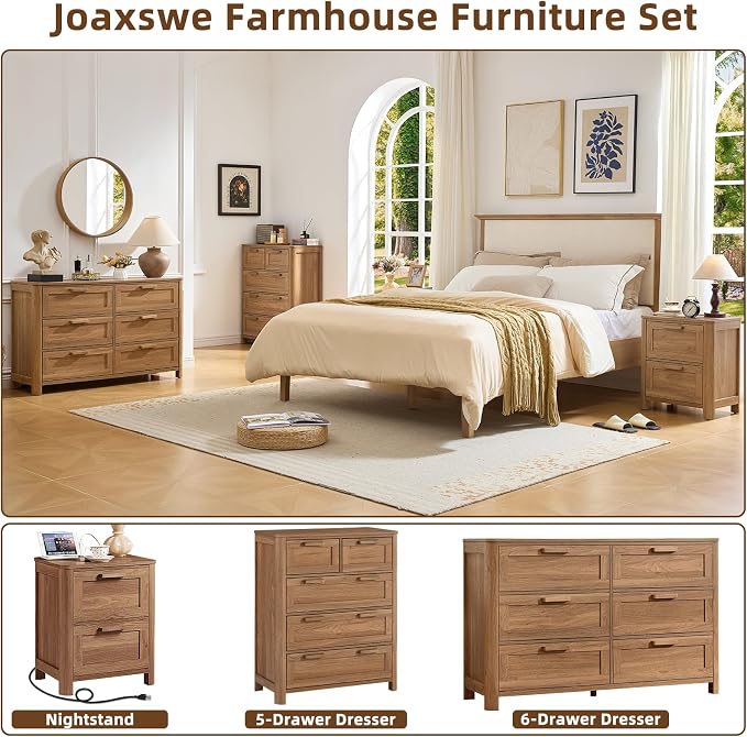 Joaxswe Farmhouse Nightstand with Charging Station, End Tables Bedroom with 2 Large Drawers & 4 Thickened Table Legs, Brown