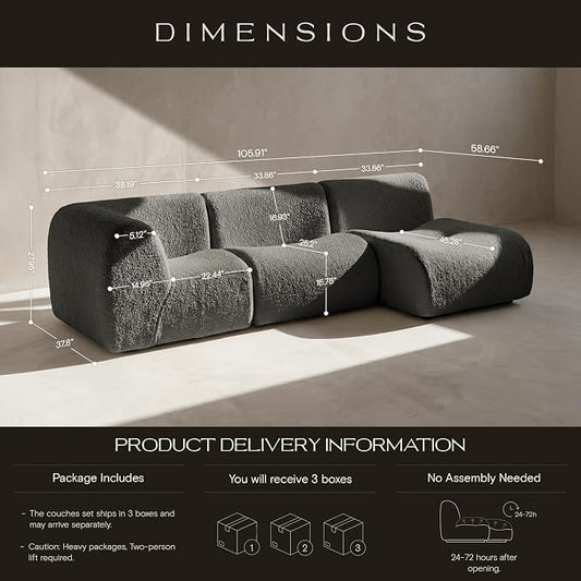 106" Curved Sectional Sofa with Chaise, Boneless 3 Seater Modular Couch, Reversible L-Shaped Couches with High-Density Foam, Modern Lounge Comfort Sherpa Sofas for Living Room – No Assembly, Grey