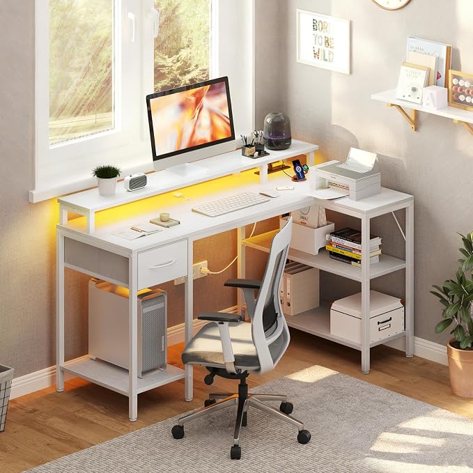 DUMOS 47” Gaming Desk with USB Charging Ports & LED Lights for Home Office Small Space, Reversible L Shaped Desks Computer Corner Gamer Table with Power Outlets Monitor Stand Storage Shelves, White