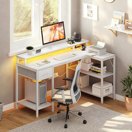 DUMOS 47" Gaming Desk with USB Charging Ports & LED Lights, Reversible L-Shaped Corner Computer Table for Small Spaces, Power Outlets, Monitor Stand & Storage Shelves Included, White