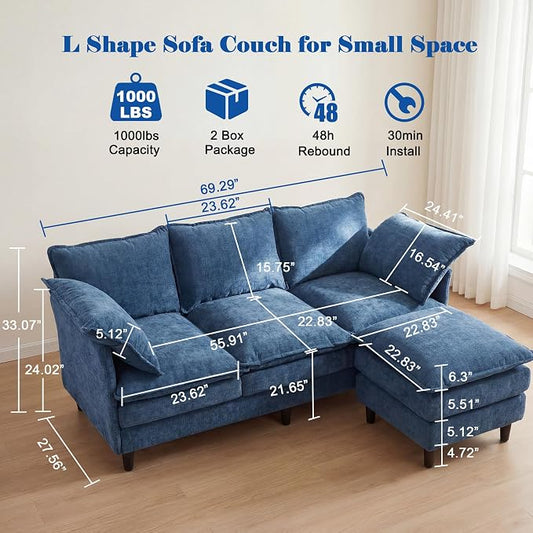 3 Seater L-Shape Couch Sofa with Ottoman, 69" Small Couch Modern Comfy Cloud Chenille Sofa 23" Deep with Washable Pillow Cover Couches for Living Room Bedroom Apartment Office 69-Blue-L