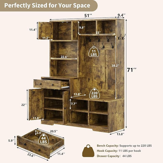 Einhomn 5-in-1 Hall Tree with Bench and Shoe Storage, 51" W Entryway Organizer Coat Rack with 9 Hooks, 4 Storage Cabinets, Drawer, Open Cubbies for Mudroom, Hallway, Living Room, Rustic Brown