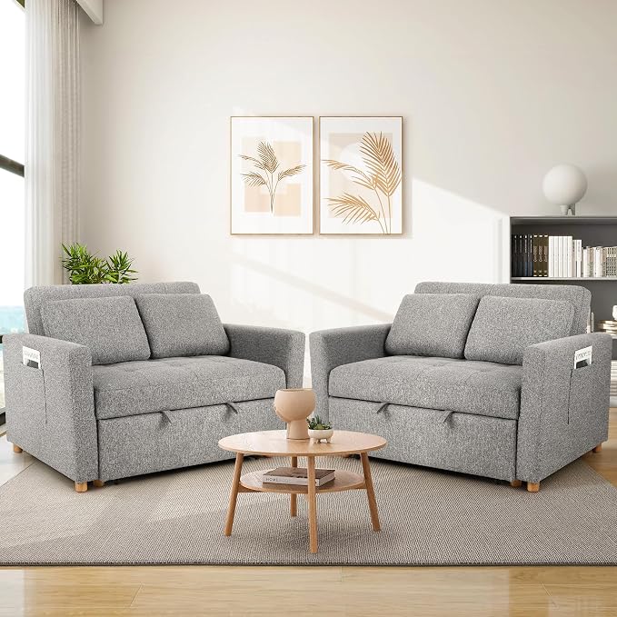 SEJOV Convertible Sofa Bed, 3-in-1 Sleeper Sofa Pull Out Couch Bed, 2-Seater Linen Fabric Loveseat Futon Sofa with Spring Support, Adjustable Backrest for Small Spaces, Living Room, Grey