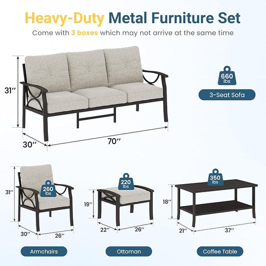 RoyalCraft Outdoor Patio Furniture Set, 7 Seats Outdoor Patio Set with 4" Thick Cushion, All-Weather Metal Patio Sofa with Coffee Table, Outdoor Sectional Furniture for Porch Backyard, Khaki&Beige